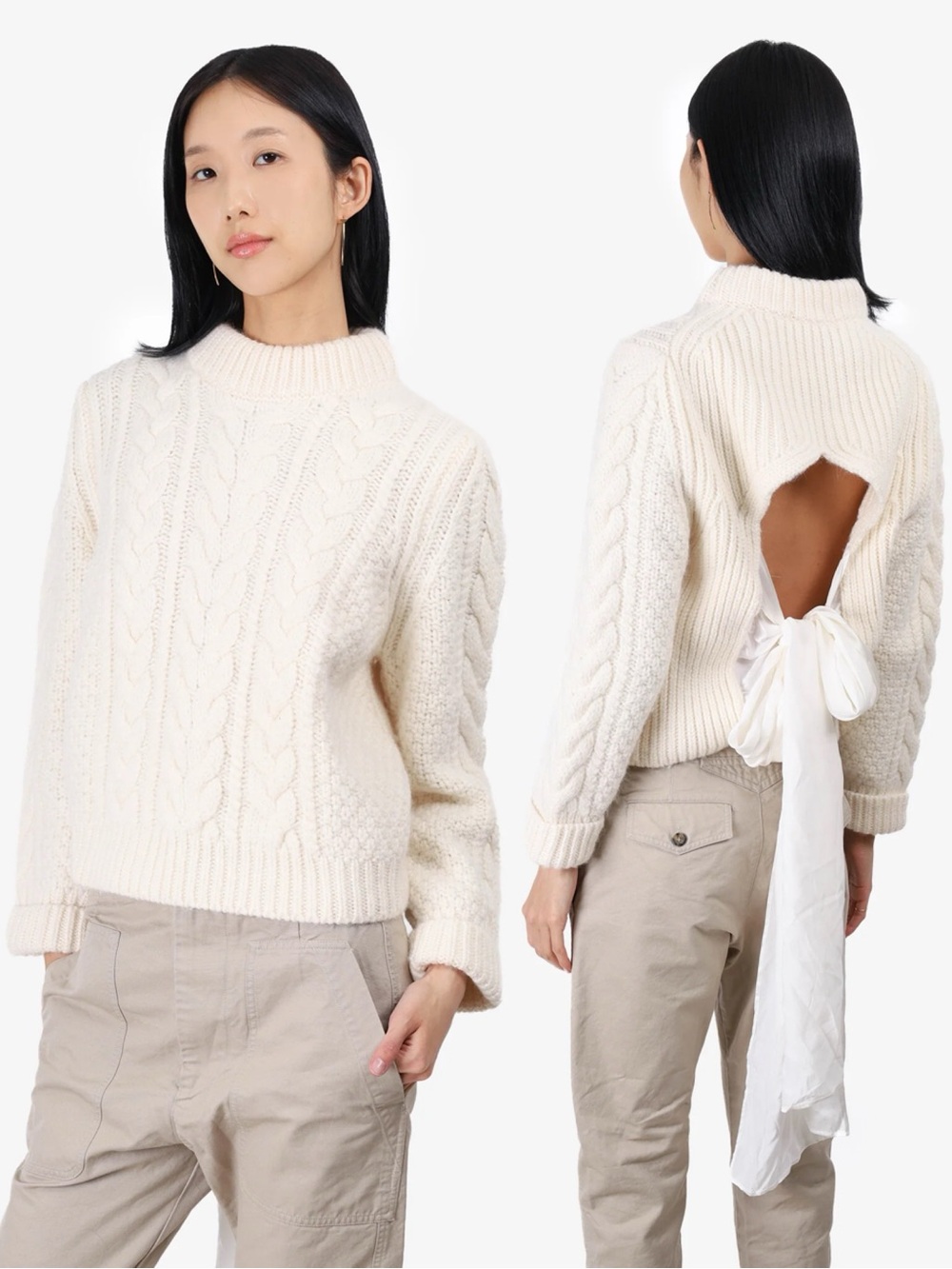 CECILIE BAHNSEN Cable Knit Wool Alpaca Silk Bow Tie Sweater Open Back CREAM